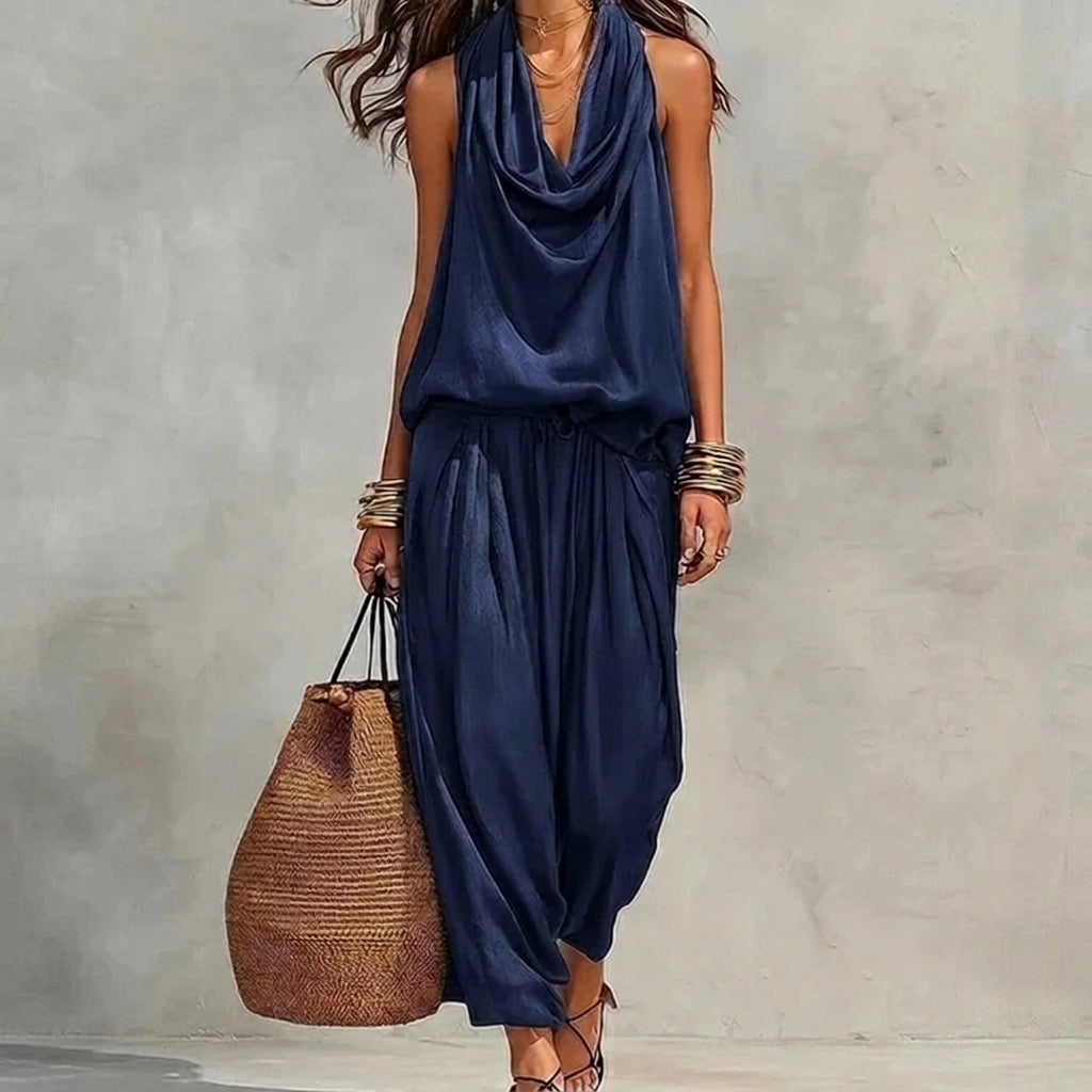 Ambra | Flowy Set with Draped Halter Top and Pants - Navy Blue