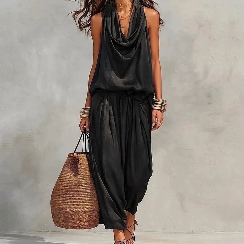 Ambra | Flowy Set with Draped Halter Top and Pants - Black