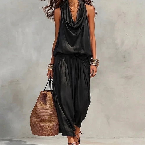 Ambra | Flowy Set with Draped Halter Top and Pants - Black