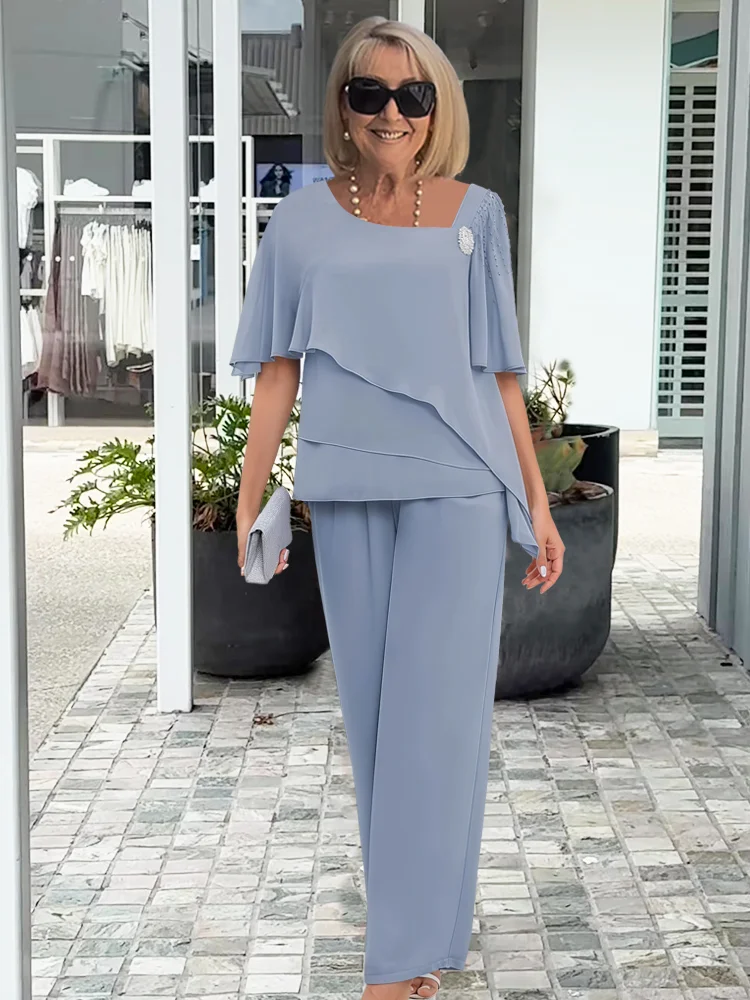 Winnie | Asymmetric Layered Blouse and Wide-Leg Trouser Set - Blue