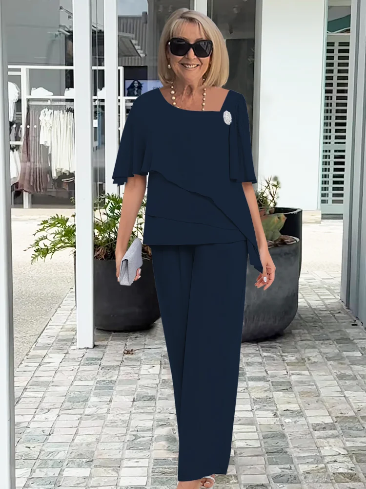 Winnie | Asymmetric Layered Blouse and Wide-Leg Trouser Set - Navy Blue