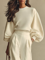 Sophie Ribbed Crew Neck Top and High-waisted Wide-leg Pants Suit