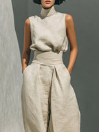 Aurora | Relaxed Beige Sleeveless Wide-Leg Co-Ord Set
