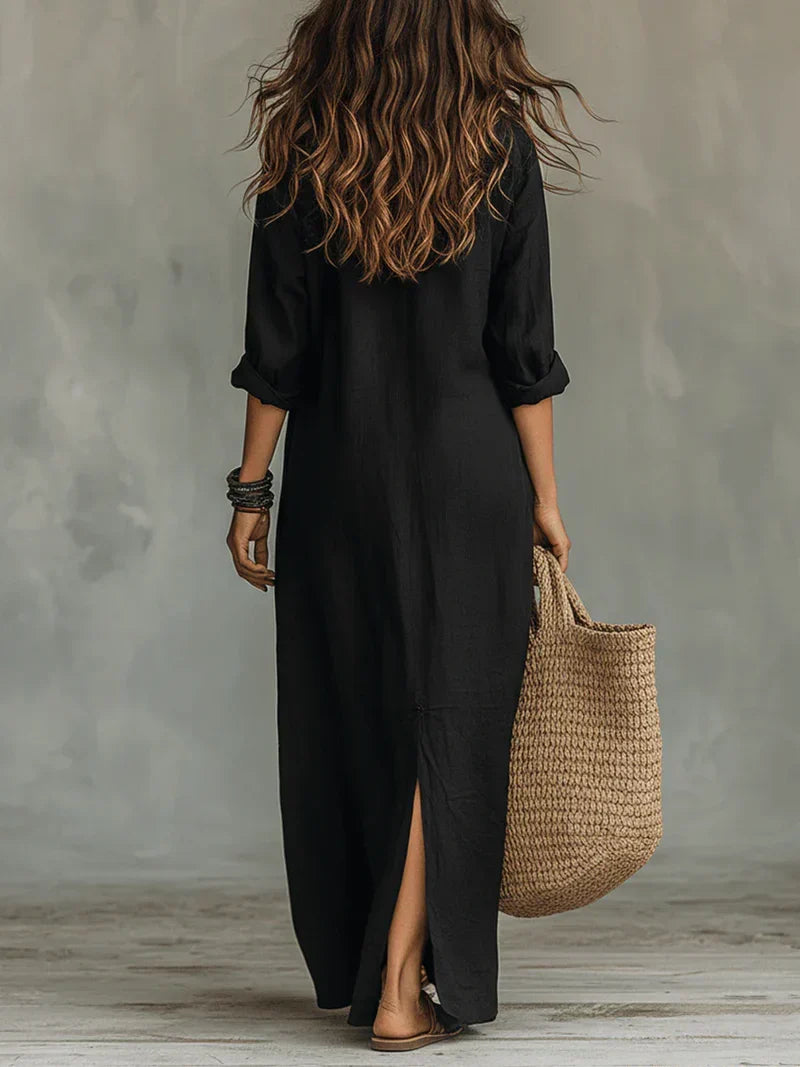 Selena™ | Loose Black Button Maxi Dress