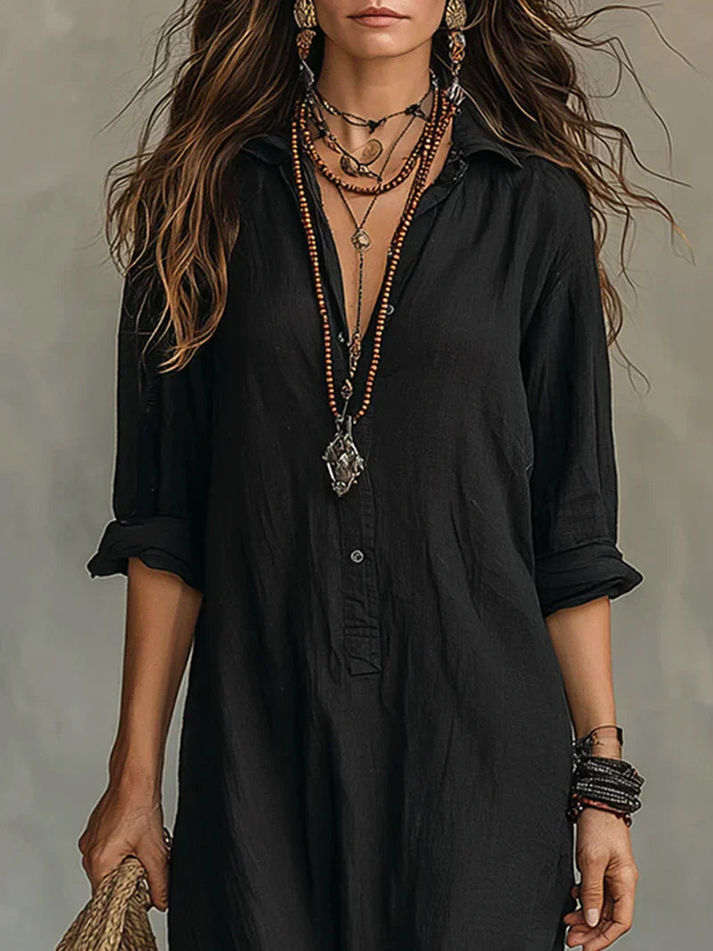 Selena™ | Loose Black Button Maxi Dress