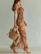 Viola | Long orange chiffon dress with bohemian-style oil painting print