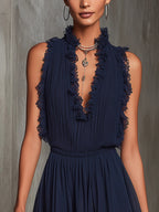 Séraphine | Pleated Striped Satin Jumpsuit in Navy Blue