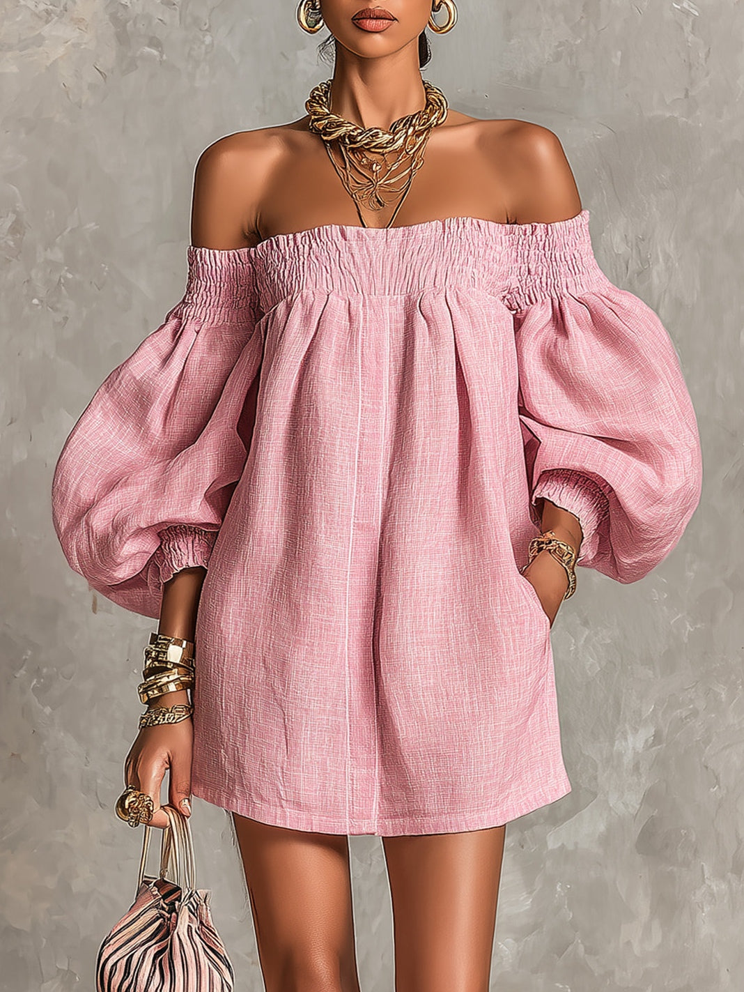 Rosaline | Off-Shoulder Puff-Sleeve Mini Dress - Pink