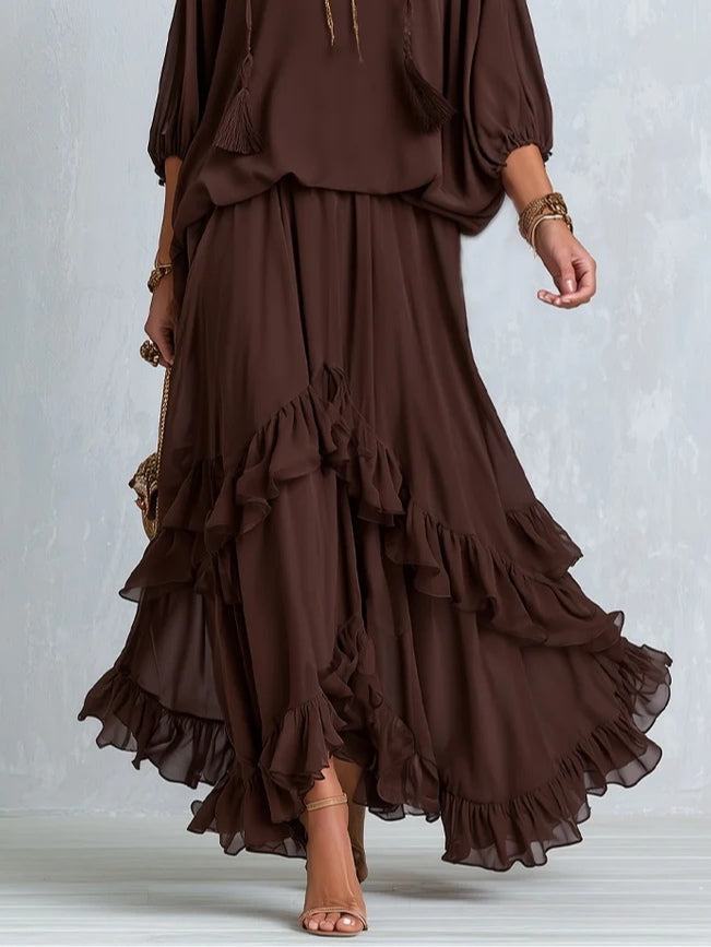 Ondine Chiffon Top and Flared Skirt Brown
