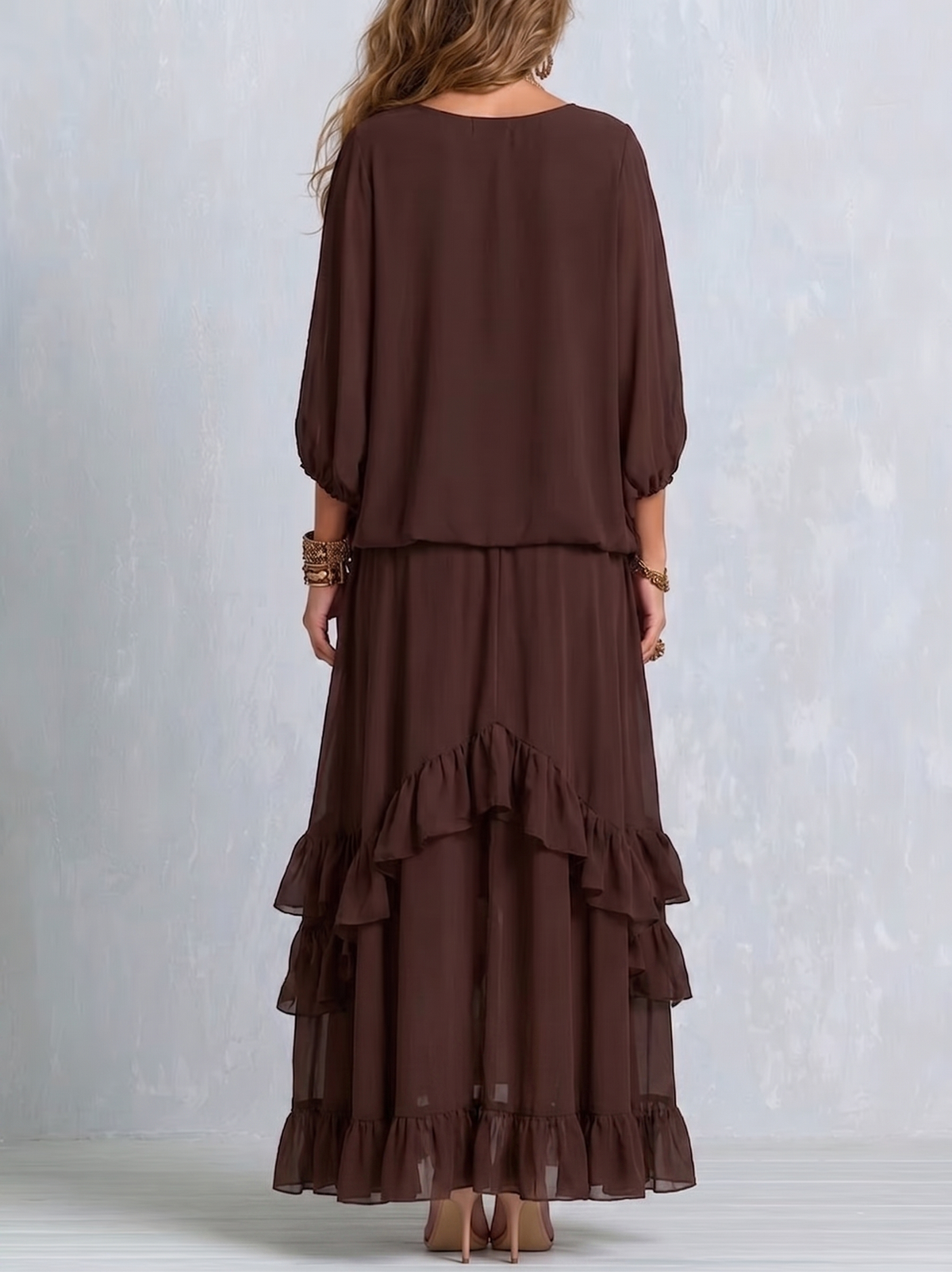 Ondine Chiffon Top and Flared Skirt Brown