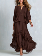 Ondine Chiffon Top and Flared Skirt Brown
