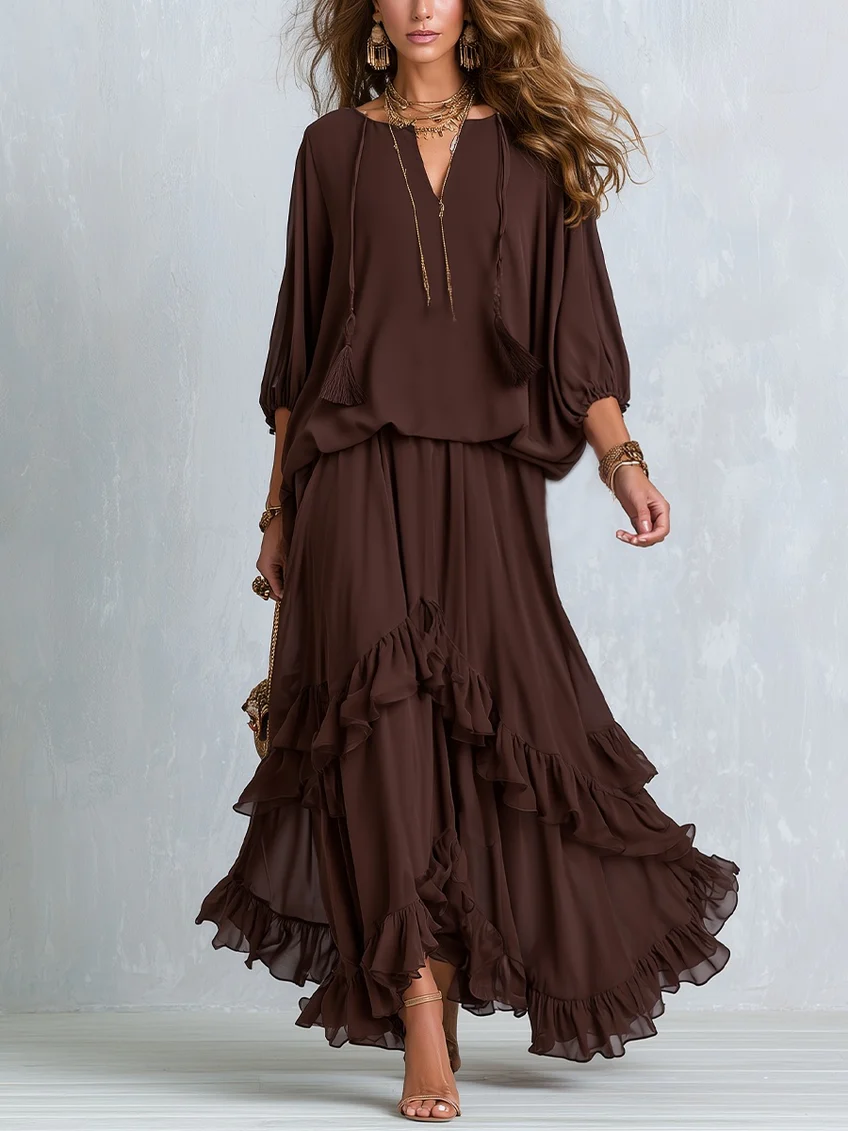 Ondine Chiffon Top and Flared Skirt Brown