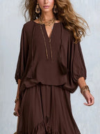Ondine Chiffon Top and Flared Skirt Brown