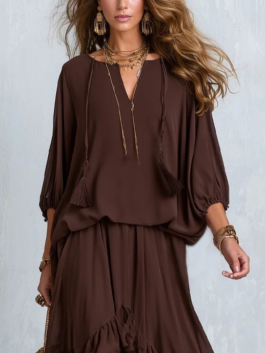 Ondine Chiffon Top and Flared Skirt Brown