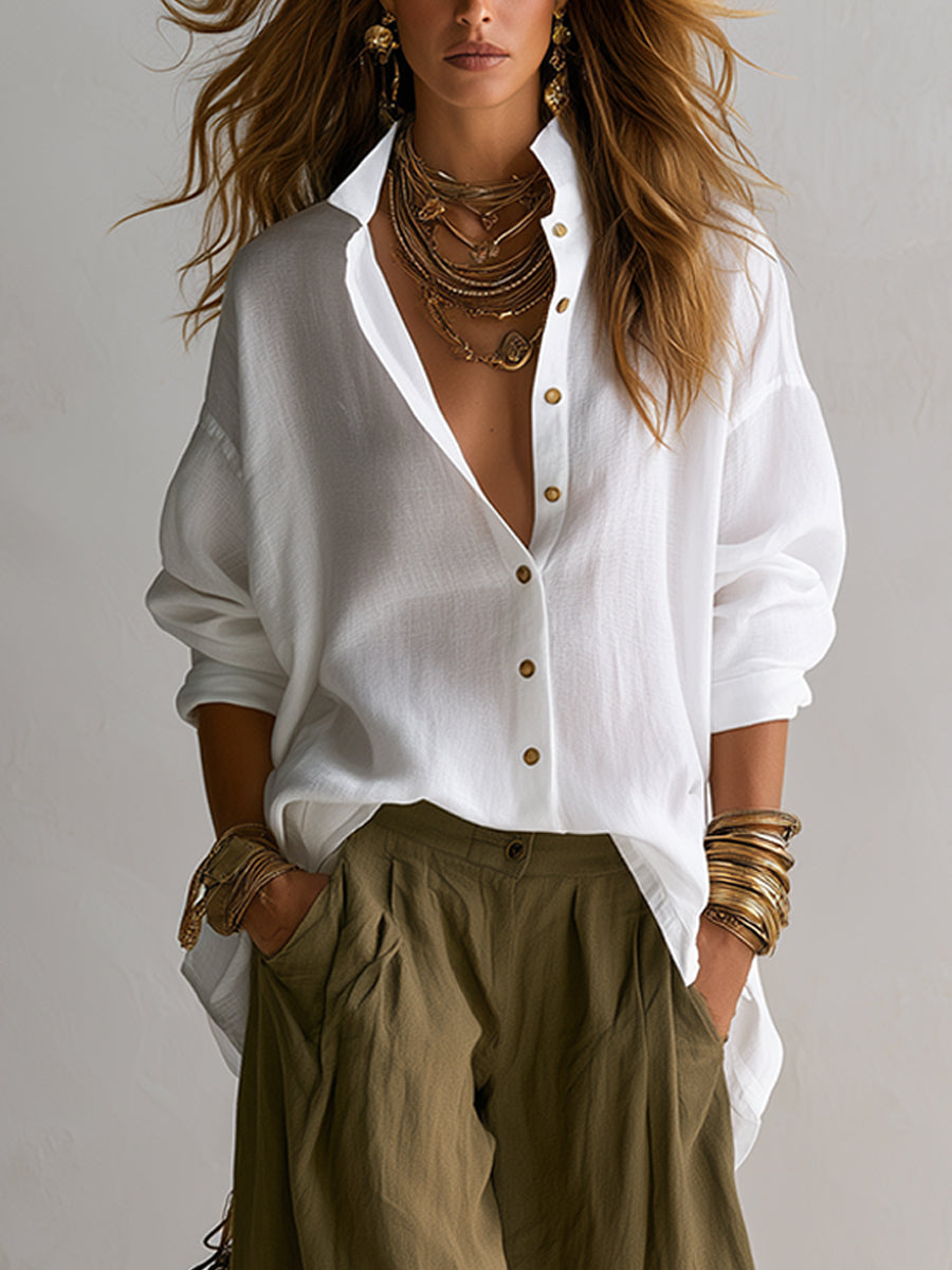 Capucine White Loose Shirt and Olive Green Lantern Pants