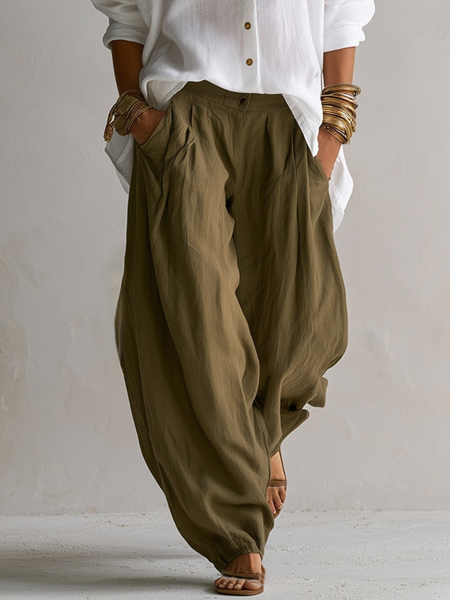 Capucine White Loose Shirt and Olive Green Lantern Pants
