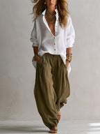 Capucine White Loose Shirt and Olive Green Lantern Pants