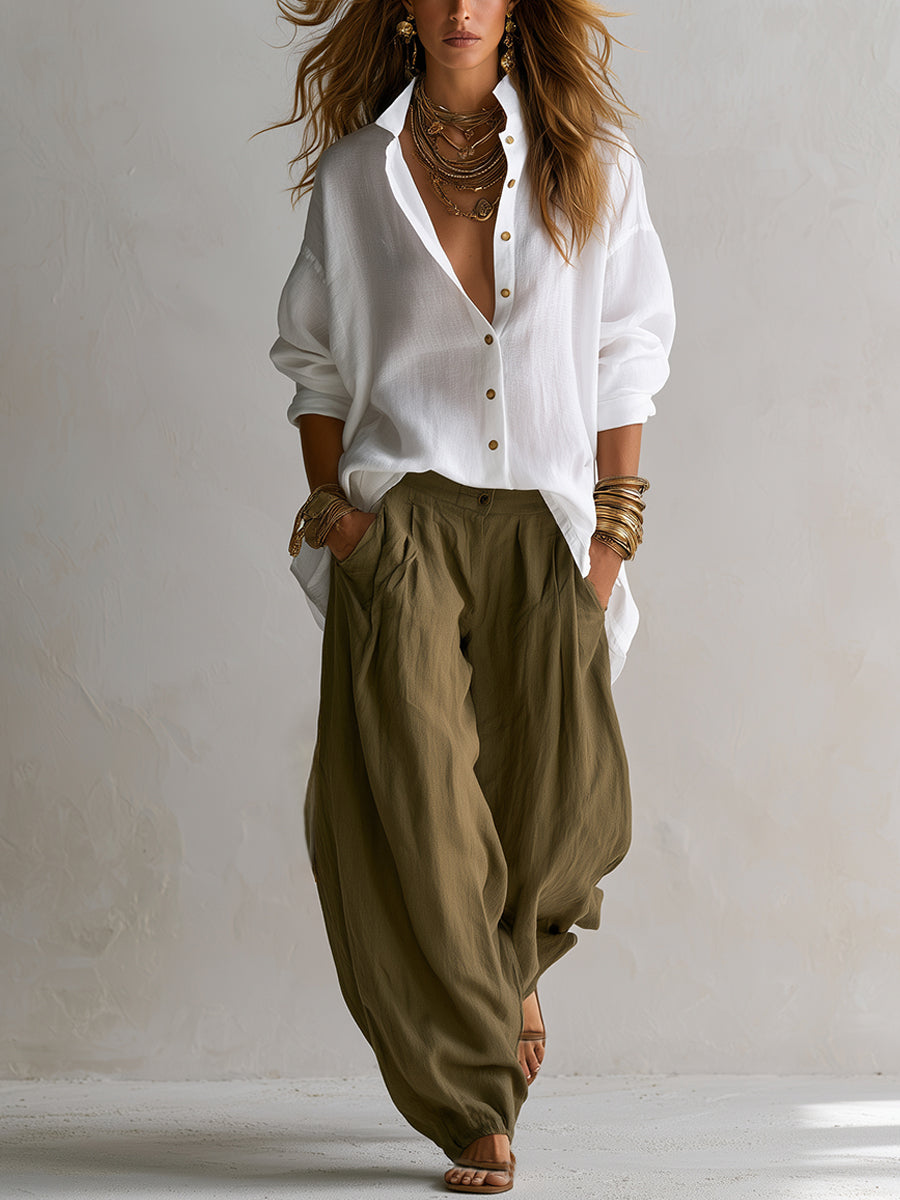 Capucine White Loose Shirt and Olive Green Lantern Pants
