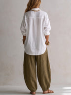 Capucine White Loose Shirt and Olive Green Lantern Pants