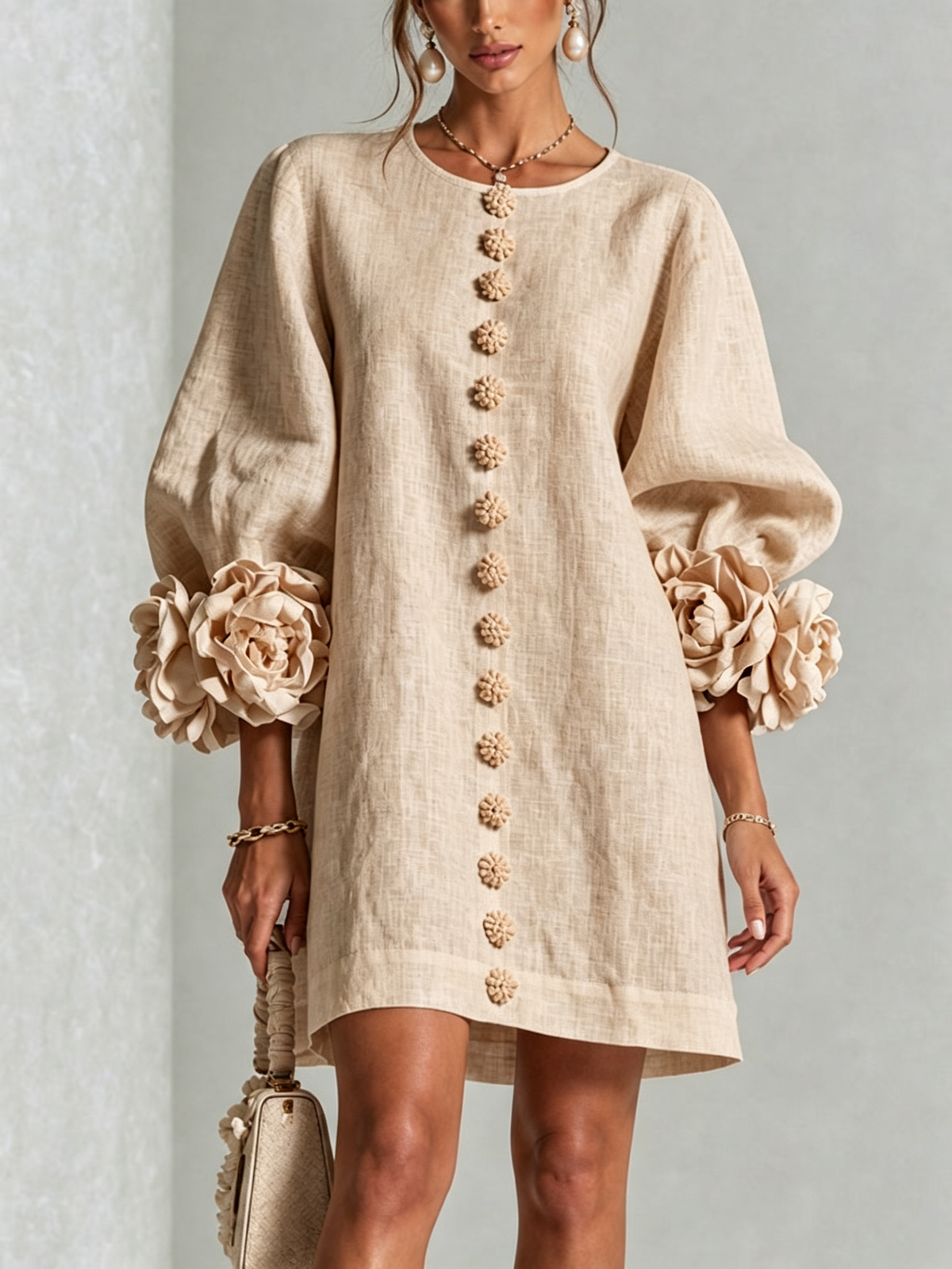 Rosina | Blossom-Cuff Button Mini Dress - Beige