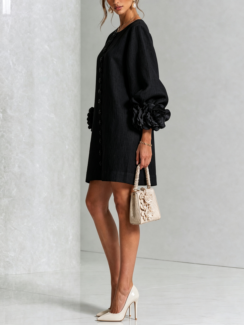 Florence Floral Button-Front Mini Dress Black