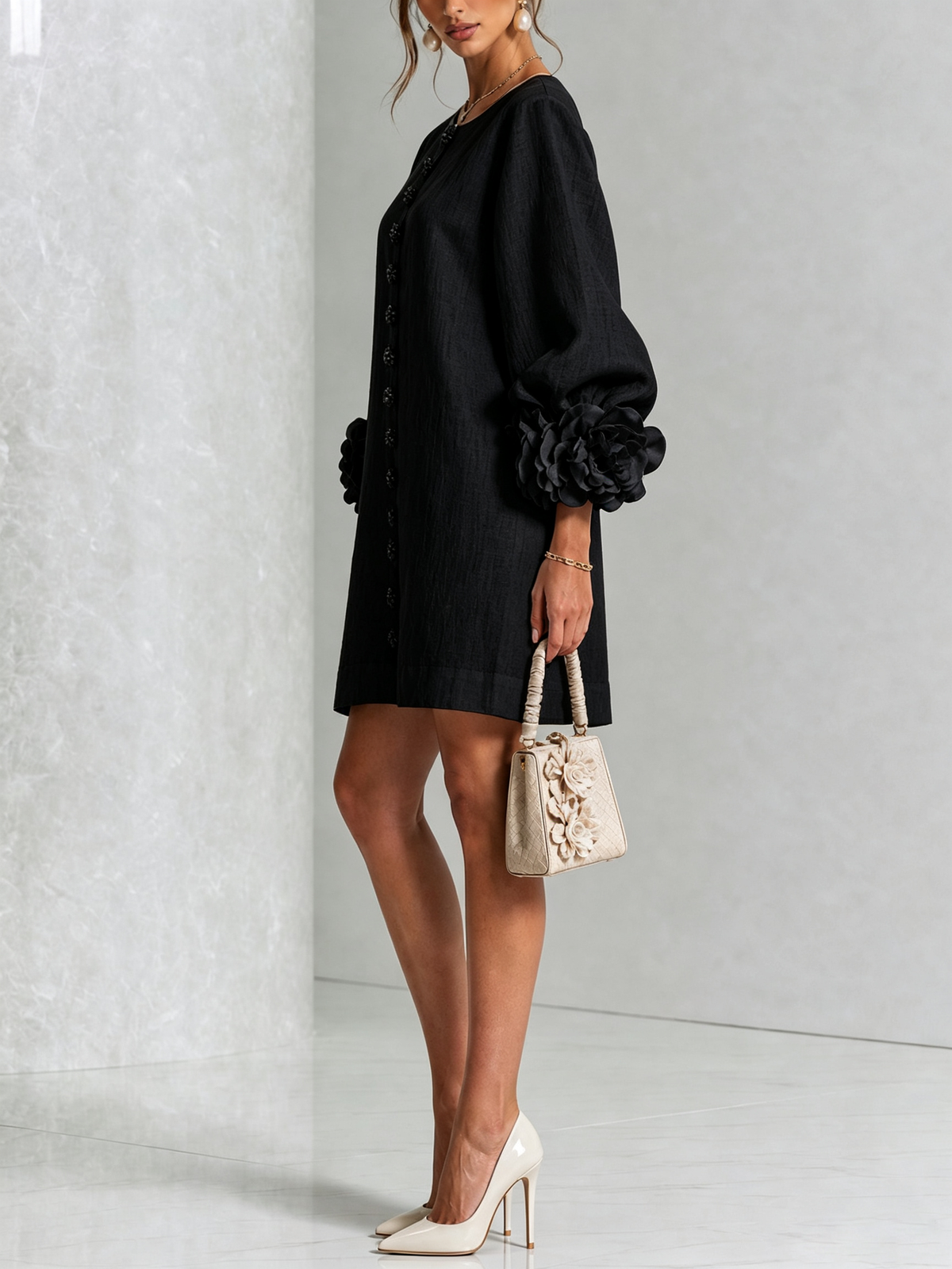 Florence Floral Button-Front Mini Dress Black