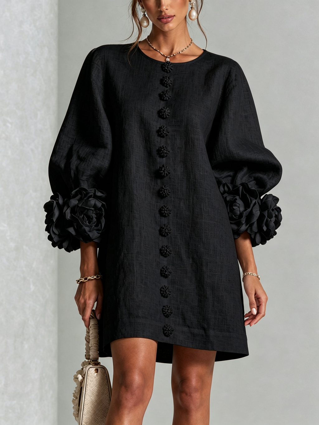 Florence Floral Button-Front Mini Dress Black