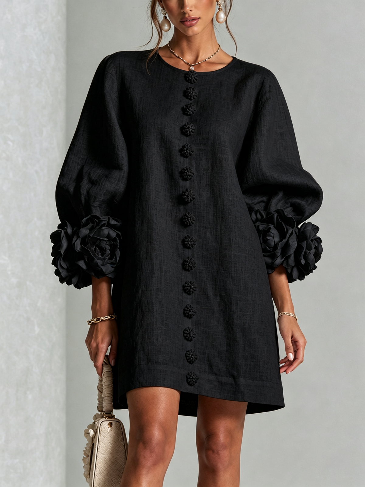 Florence Floral Button-Front Mini Dress Black