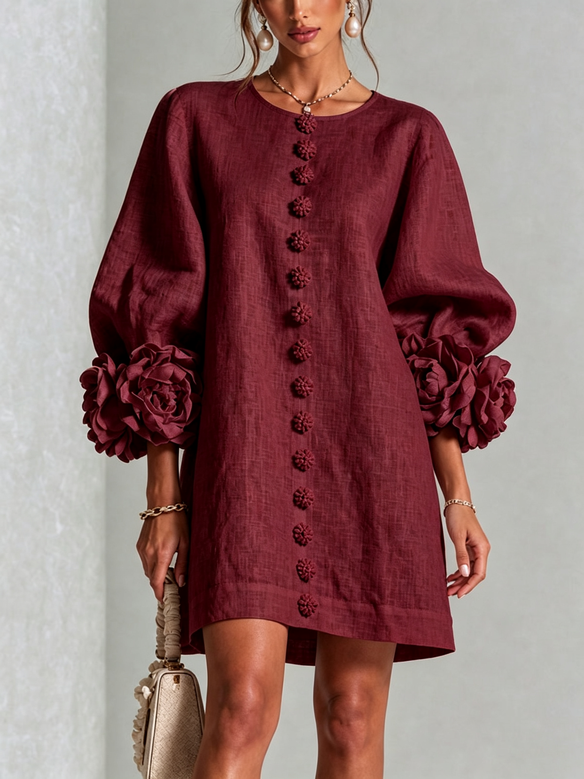 Camellia | Rosette-Cuff Mini Dress - Burgundy