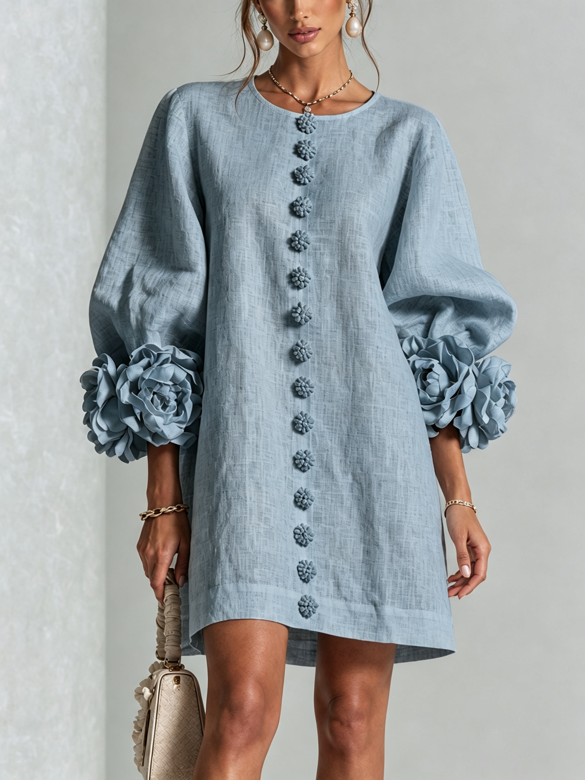 Cleo | Floral-Trimmed Mini Dress - Dusty Blue