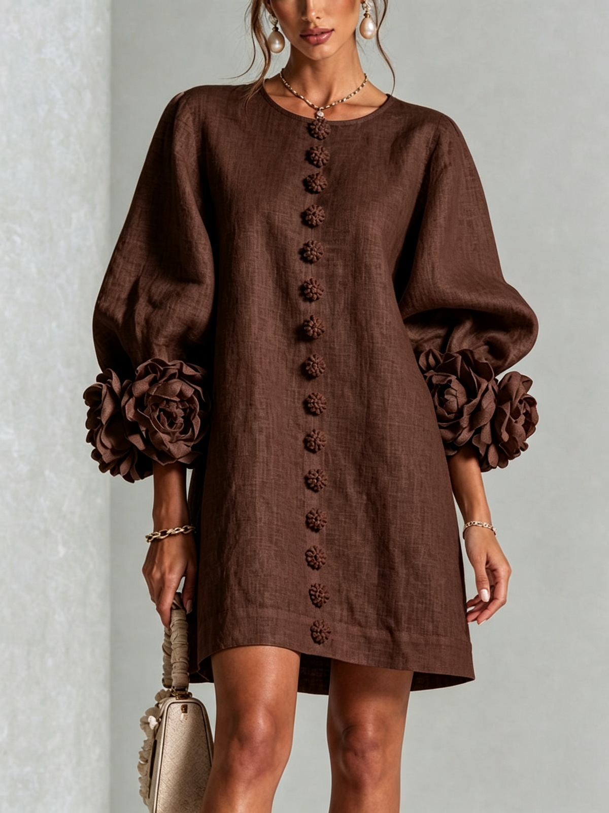 Gabrielle | Rosette-Cuff Mini Dress - Mocha Brown