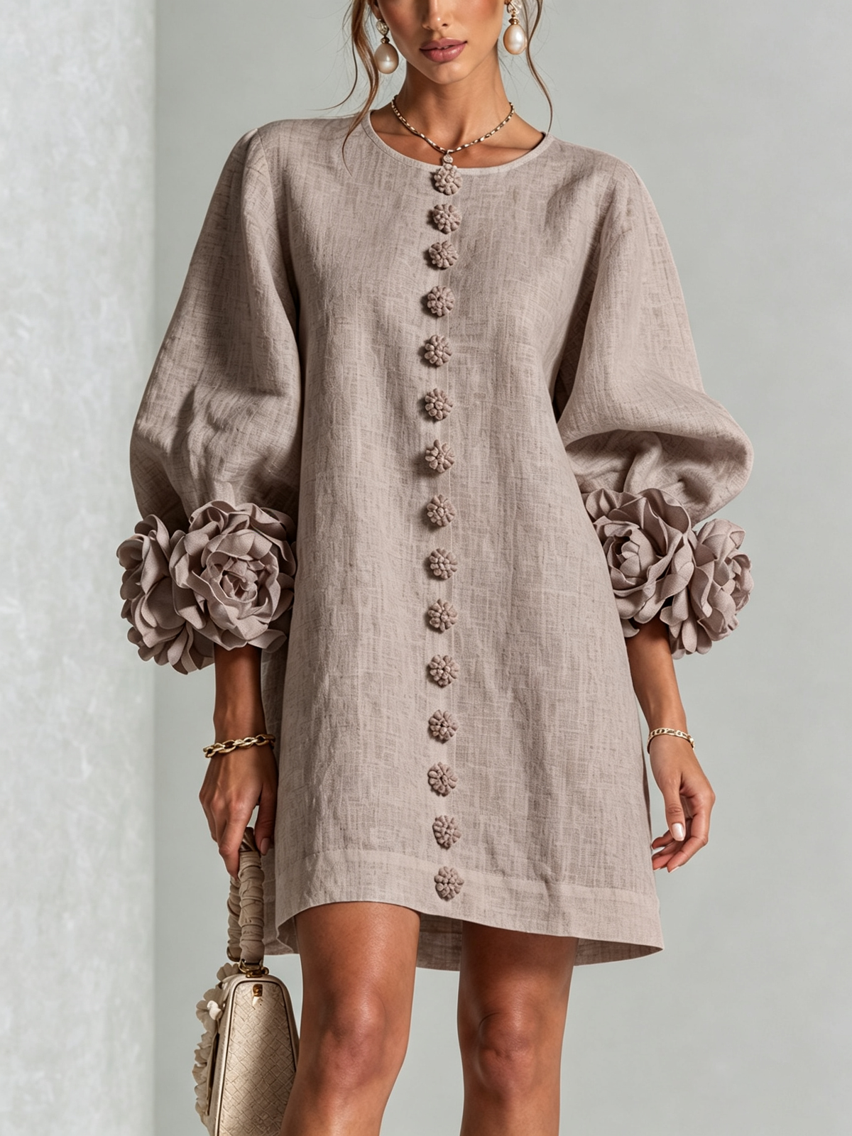 Sadie | Floral-Cuff Button Mini Dress - Mushroom Taupe