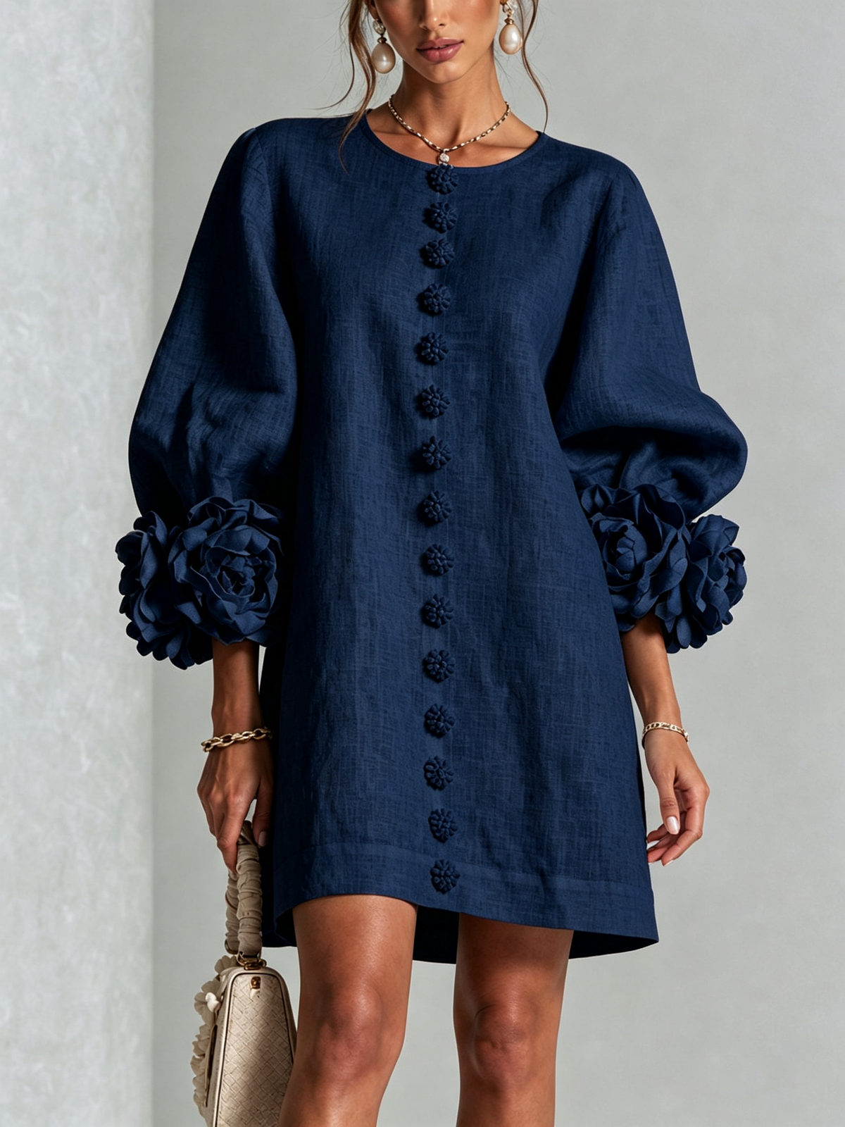 Amelia | Rosette-Cuff Mini Dress - Navy