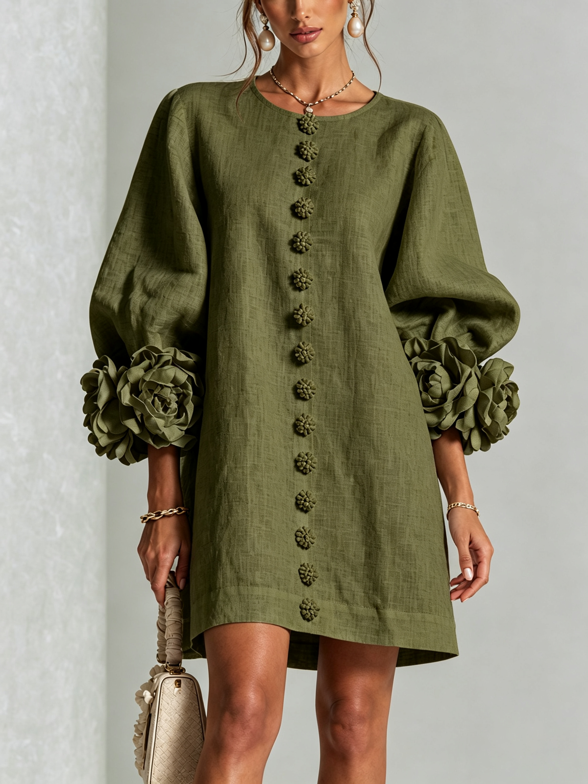 Francesca | Floral-Detail Button Mini Dress - Olive