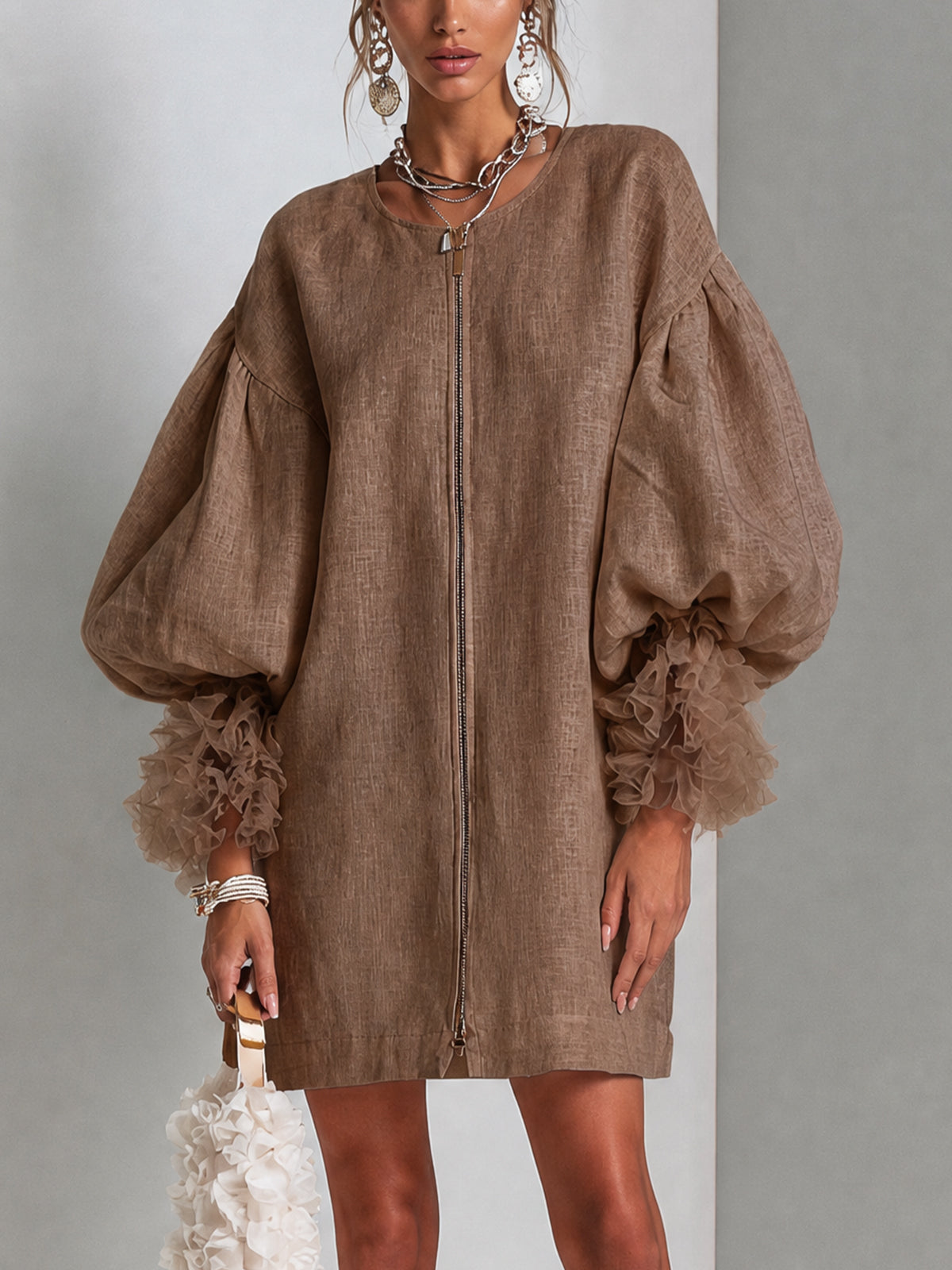 Rebecca | Zip-Front Balloon Sleeve Mini Dress - Brown