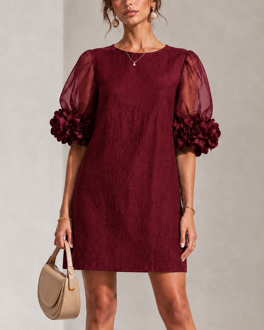 Philippa | Floral-Cuff Puff-Sleeve Mini Dress - Burgundy