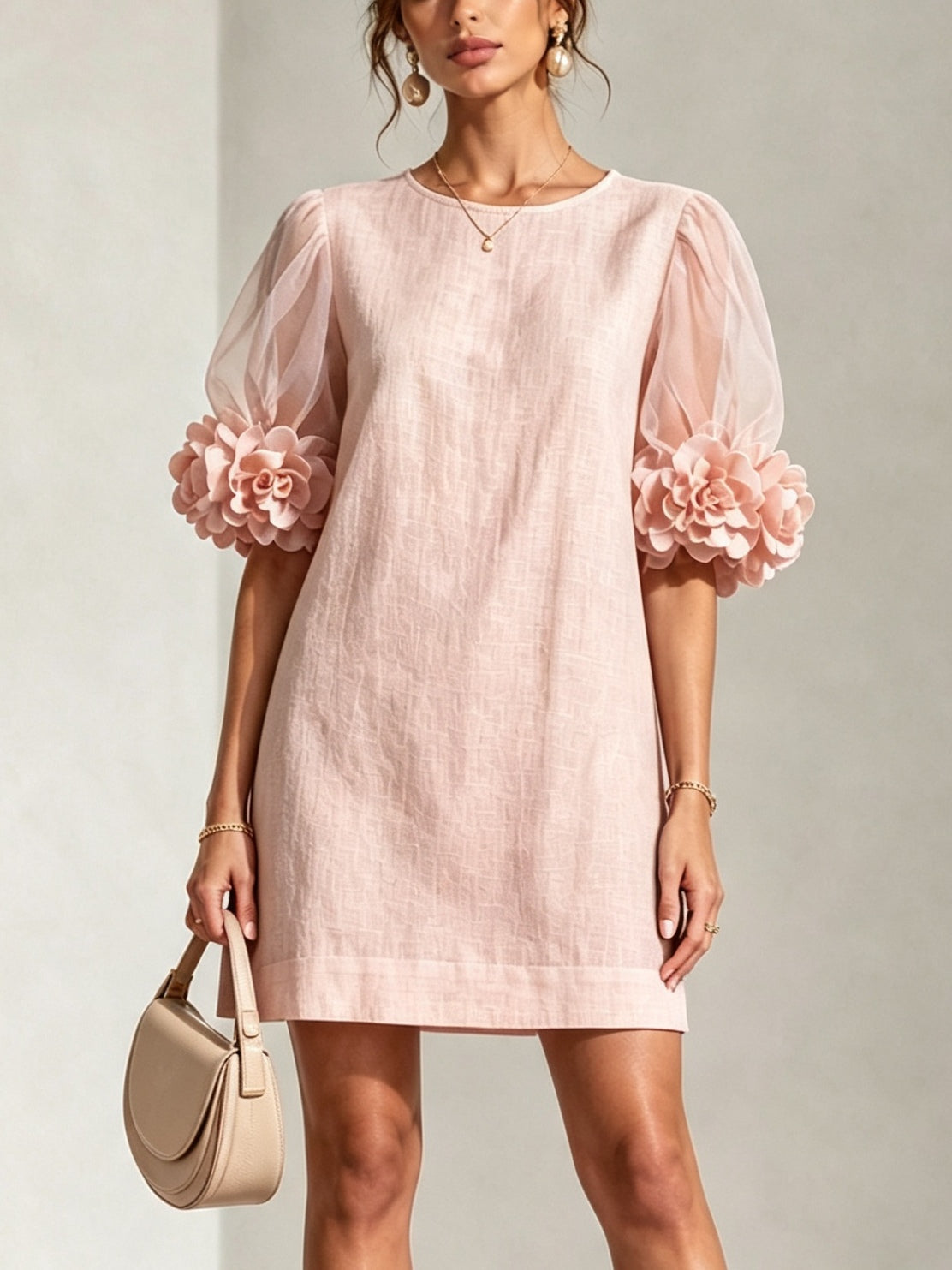 Penelope | Floral-Cuff Puff-Sleeve Mini Dress - Pink