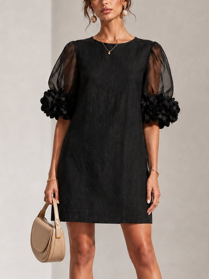 Persephone | Floral-Cuff Puff-Sleeve Mini Dress - Black