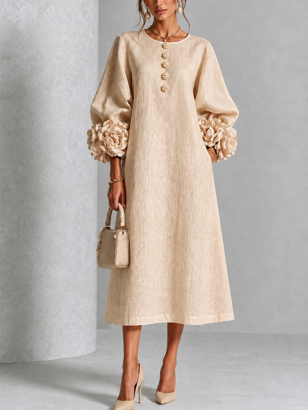 Rosanne | Rosette-Cuff Midi Dress - Beige
