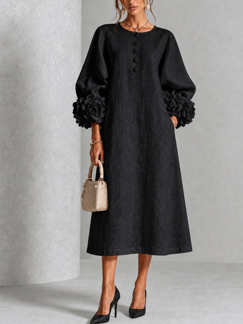 Adriana | Floral-Cuff Midi Dress - Black