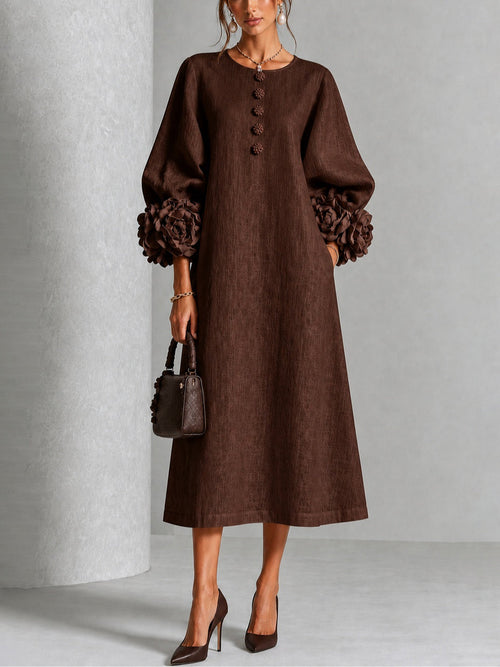Beverly | Rosette-Cuff Midi Dress - Brown