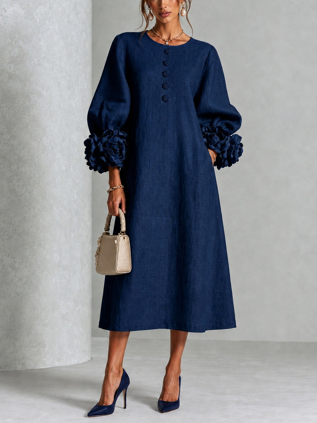 Danica | Floral-Cuff Midi Dress - Navy