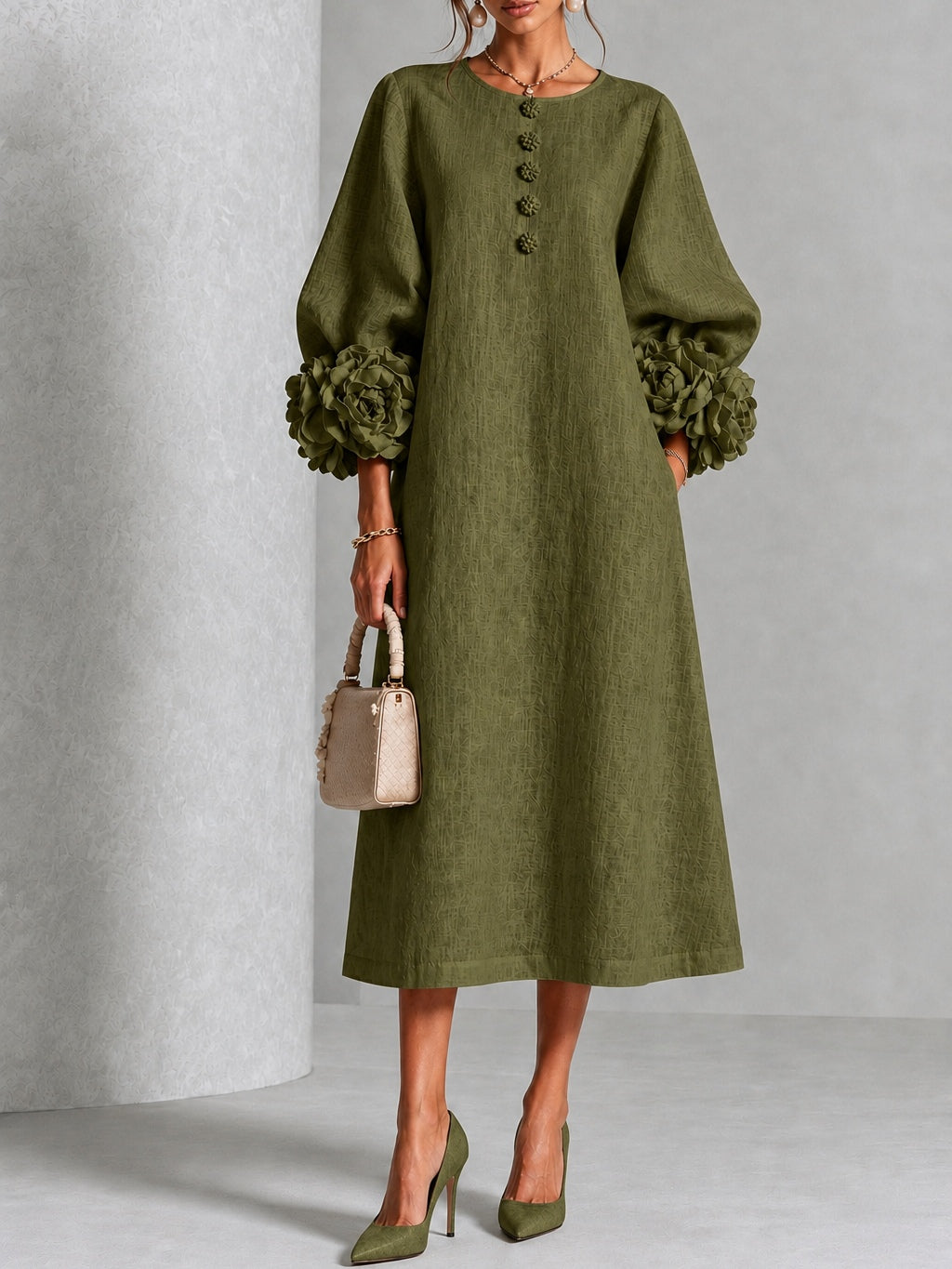 Wilhelmina | Floral-Cuff Midi Dress - Olive