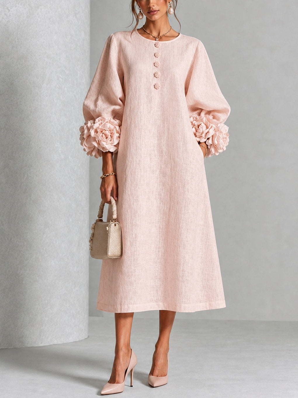 Rosetta | Floral-Cuff Buttoned Midi Dress - Pink