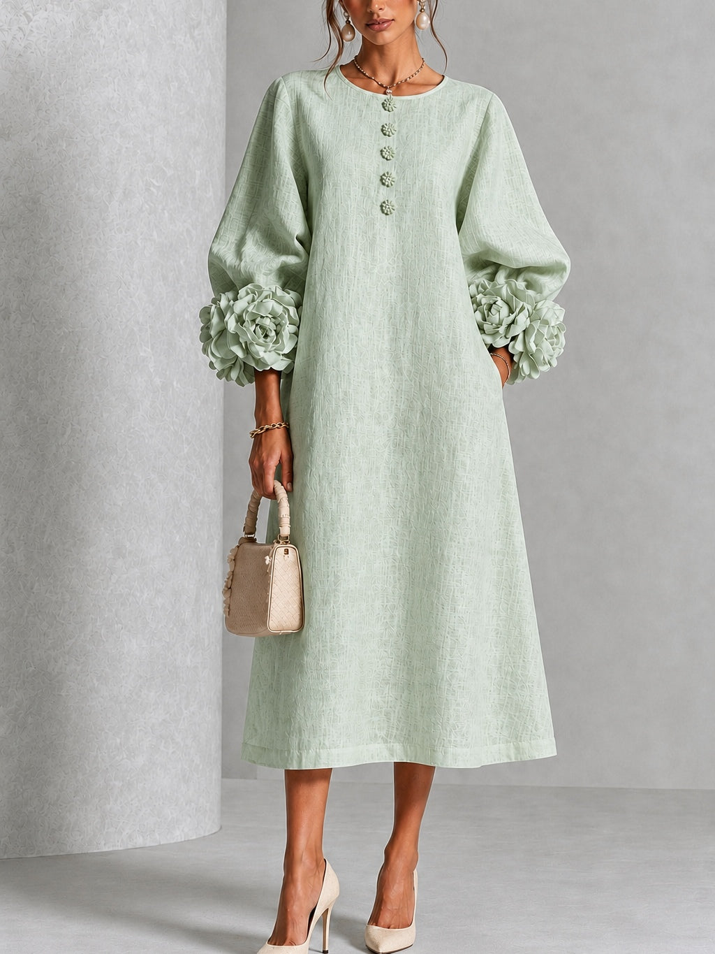 Sienna | Floral-Cuff Midi Dress - Sage Mist