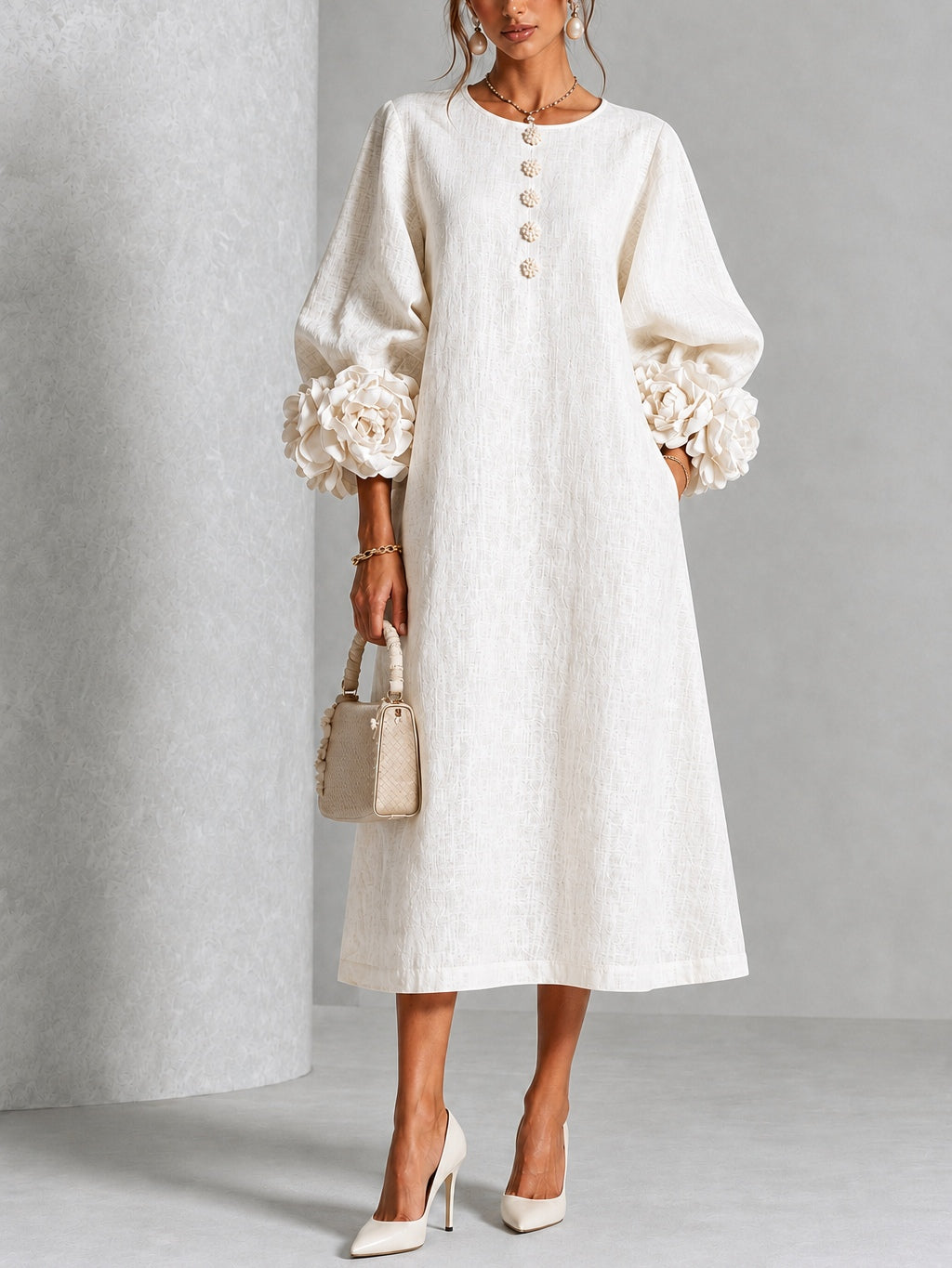 Henrietta | Floral-Cuff Buttoned Midi Dress - White