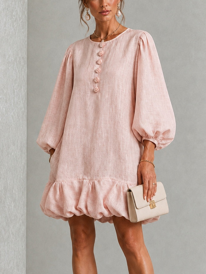 Rosalyn | Floral-Button Puff-Sleeve Mini Dress - Pink