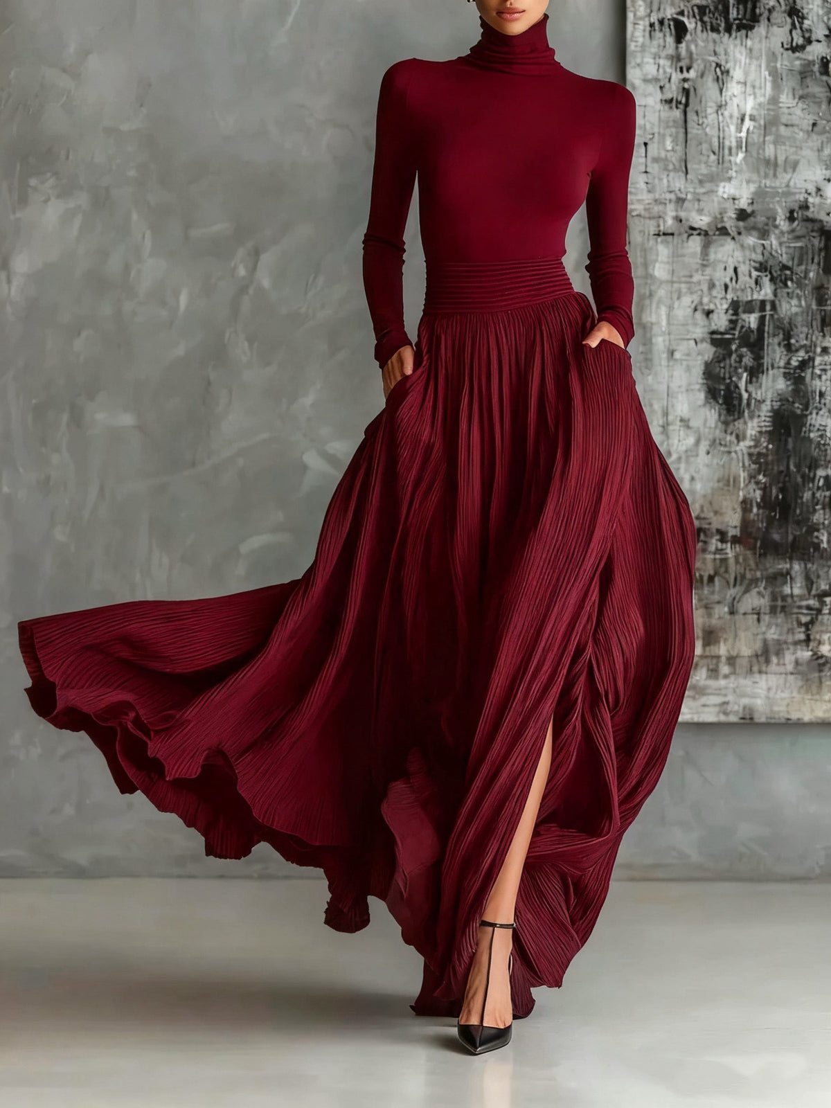 Prudence Burgundy Turtleneck and Pleated Skirt Set