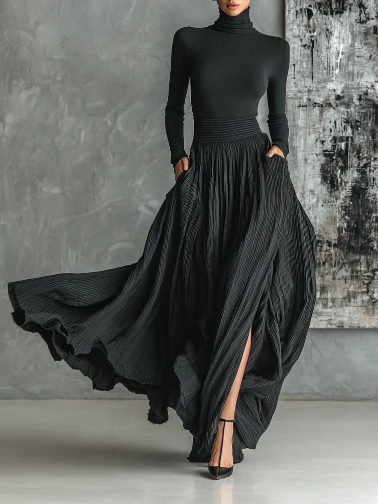 Prudence Black Turtleneck and Pleated Skirt Set