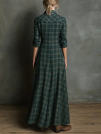 Livia™ | Long Dress with a Shirt Collar in Green Check